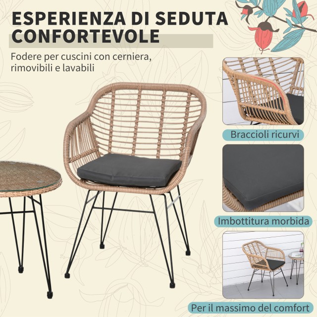 Σετ έπιπλα κήπου Outsunny σε PE Rattan, 2 καρέκλες με μαξιλάρια και τραπεζάκι σαλονιού με γυάλινη κορυφή, γκρι 863-096