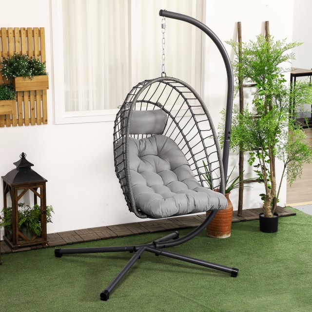 Κρεμαστή πολυθρόνα σε PE Rattan με μαξιλάρι, αναδιπλούμενο κάθισμα και ατσάλινη κατασκευή, γκρι 867-157V00CG
