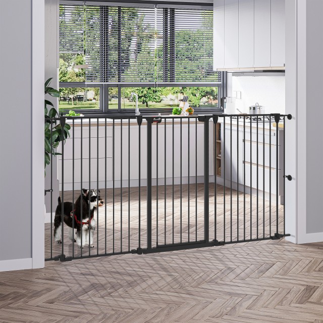 PawHut 3-Panel Medium Dog Gate με διπλό σύστημα κλειδώματος, 206x90cm, Μαύρο D06-186V00BK