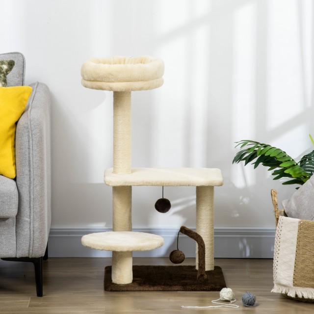 PawHut Cat Scratching Post με Sisal Post, Perch and Play Balls, Chipboard και βελούδινο, 44x38x74 cm D30-562V00BG