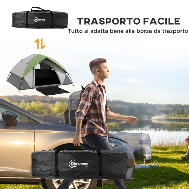Σκηνή Camping 3 Ατόμων Outsunny με Διχτυωτό Παράθυρο, από πολυεστέρα, υαλοβάμβακα και PE, 110x210x150 cm, γκρι και πράσινο A20-407V00GN