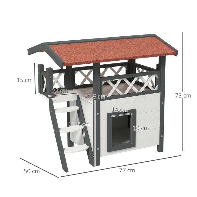 PawHut Outdoor Cat House με Βεράντα και Ξύλινη Σκάλα, 77x50x73cm, Λευκό και Γκρι D30-076V02WT