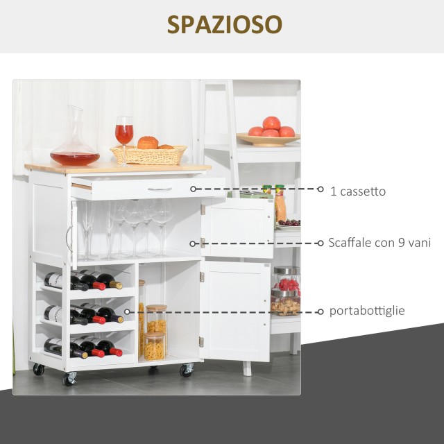 HOMCOM White Wood Kitchen Cart food with Bottle Rack 1 συρτάρι και 3 πόρτες, 67x37x87cm 801-179