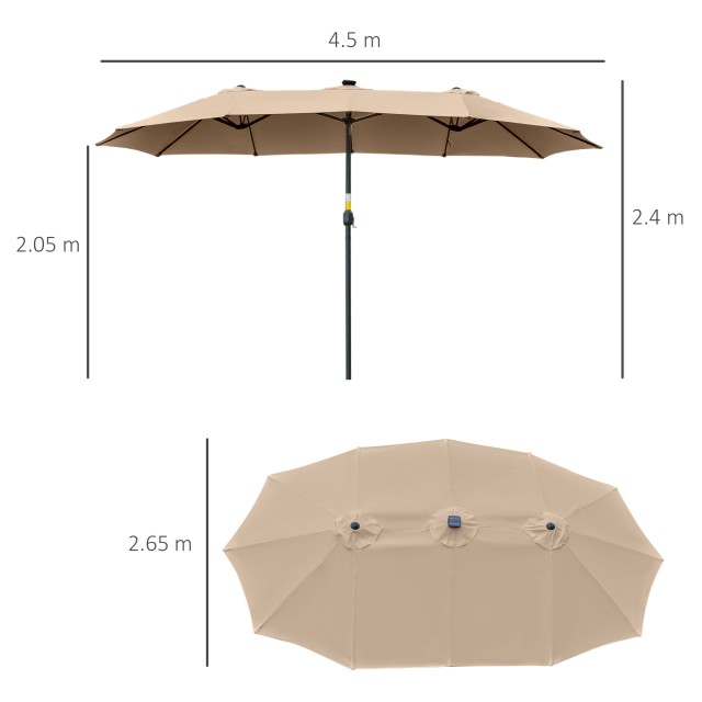 Outsunny Double Parasol Garden 4,5m με 48 LED φώτα και μανιβέλα, Χακί 84D-178KK