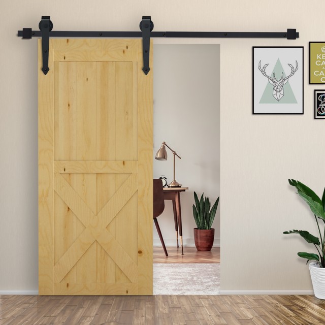 Σετ συρόμενης πόρτας HOMCOM Rustic Style με ράγα και ρολά 200cm, μαύρο B81-019