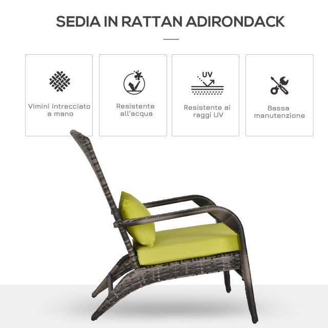 Πολυθρόνα Outsunny Garden σε PE Rattan με γκρι και πράσινα επενδυμένα μπράτσα και μαξιλάρια 867-068GN