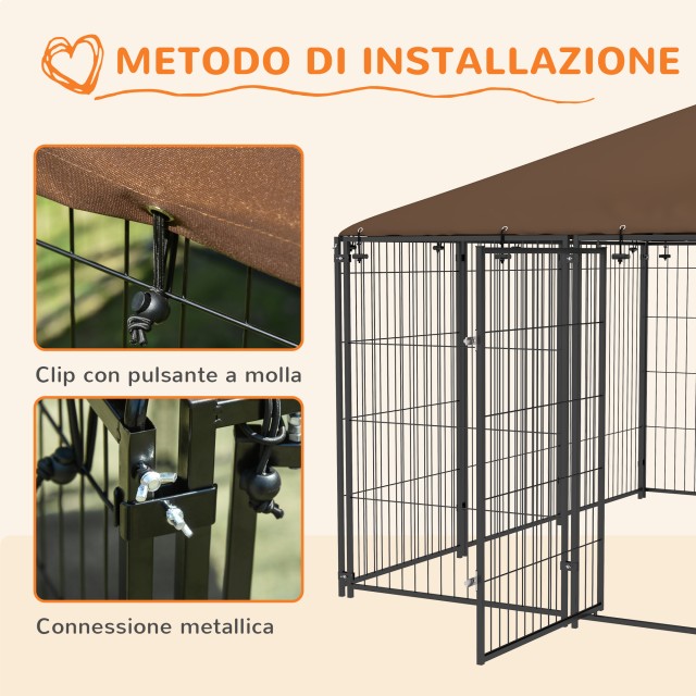 Dog Run από μέταλλο και ύφασμα Oxford με πόρτα για μπολ, 211x211x151 cm, μαύρο και καφέ D02-057V03CF