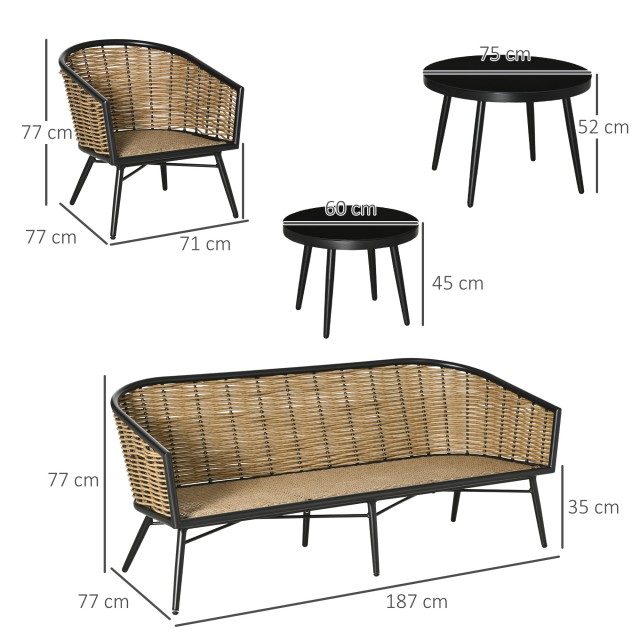 Σετ Έπιπλα Κήπου Outsunny 5 τεμαχίων Rattan, Lounge εξωτερικού χώρου με 2 τραπεζάκια σαλονιού, καναπέ 3 θέσεων και 2 πολυθρόνες με μαξιλάρια 860-235