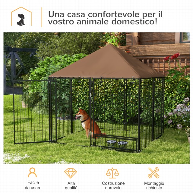Dog Run από μέταλλο και ύφασμα Oxford με πόρτα για μπολ, 141x141x151 cm, μαύρο και καφέ D02-057V01CF