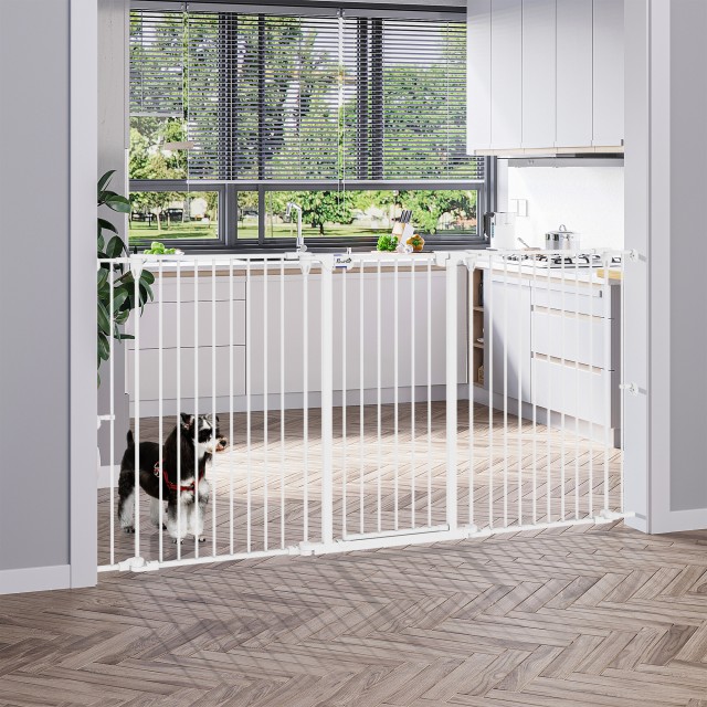 PawHut 3-Panel Medium Dog Gate με διπλό σύστημα κλειδώματος, 206x90cm, Λευκό D06-186V00WT