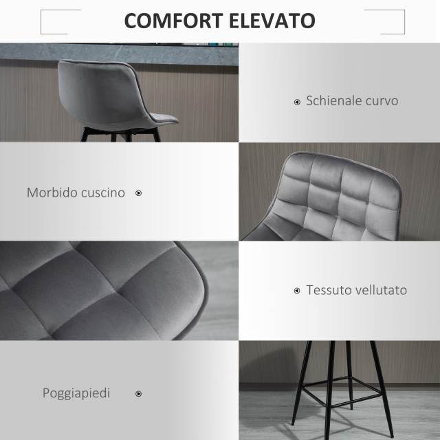 HOMCOM Σετ 2 σκαμπό μπαρ Καρέκλες με ταπετσαρία Nordic Style Γκρι βελούδο 835-271GY