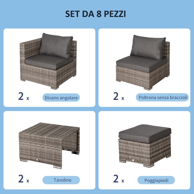 Outsunny Garden Lounge σε PE Rattan 8 τεμαχίων με γκρι δομή αλουμινίου 860-099