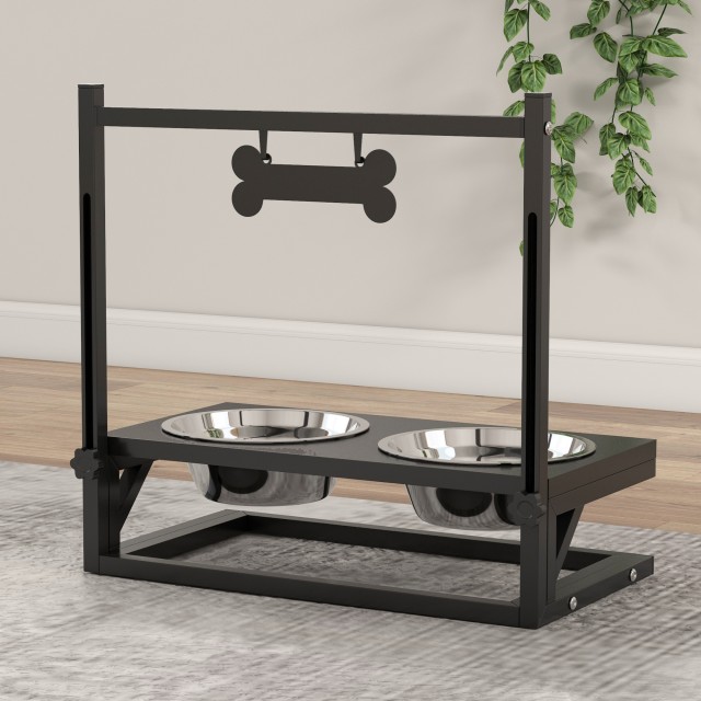 PawHut Raised Dog Bowl Hold με Ρυθμιζόμενο Ύψος, 2 Ατσάλινα μπολ 900ml, Μαύρο D08-057V00BK