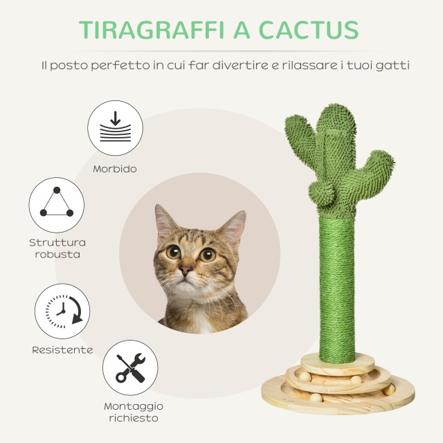 PawHut Cactus Scratching Post για γάτες, σχοινί σιζάλ και βάση με ξύλινες μπάλες, 32x32x60cm D30-453