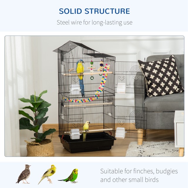 PawHut Bird Cage με σκάλα, κούνια, μπολ και παιχνίδια, σε ατσάλι, PP και ξύλο, 46x36x100 cm, μαύρο D10-081