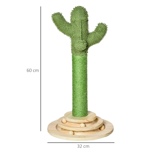 PawHut Cactus Scratching Post για γάτες, σχοινί σιζάλ και βάση με ξύλινες μπάλες, 32x32x60cm D30-453