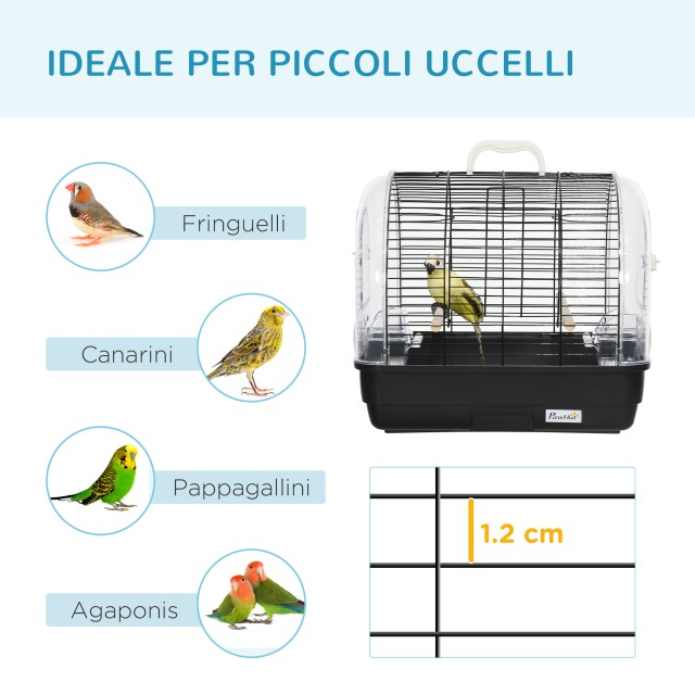 PawHut Steel Bird Cage with Perches, Αφαιρούμενος Δίσκος και Λαβή, 42x32x37 cm, Μαύρο D10-088V00BK