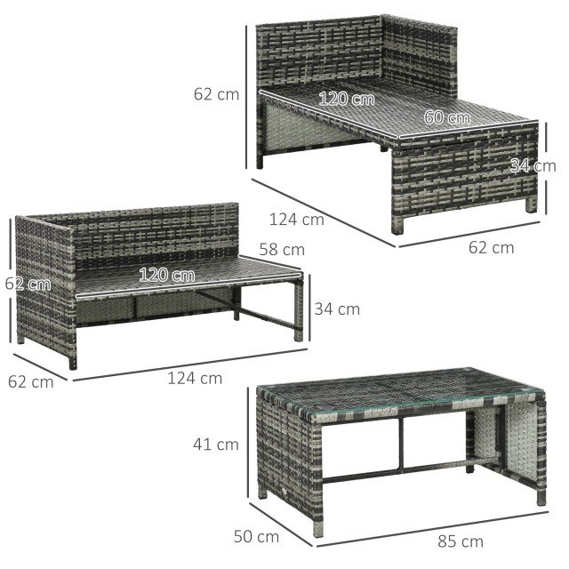 Σετ σαλονιού Outsunny Garden με Loveseat, Chaise Longue και PE Rattan Τραπεζάκι σαλονιού με μαξιλάρια, γκρι 860-121V00GY