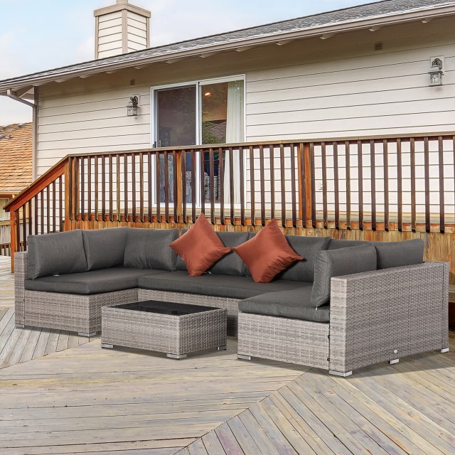 Outsunny σετ επίπλων κήπου 4 τεμαχίων σε PE Rattan, Lounge εξωτερικού χώρου με 3 καναπέδες και 1 τραπεζάκι σαλονιού, αφαιρούμενα και πλενόμενα μαξιλάρια, γκρι 860-221