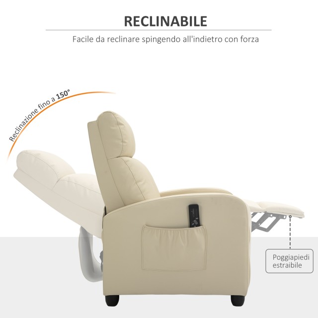 Πολυθρόνα μασάζ HOMCOM Relax με 8 λειτουργίες e 5 Intensit ?, Ανακλινόμενη πολυθρόνα με υποπόδιο και τηλεχειριστήριο, PU Leatherette - Cream 700-143V90WT