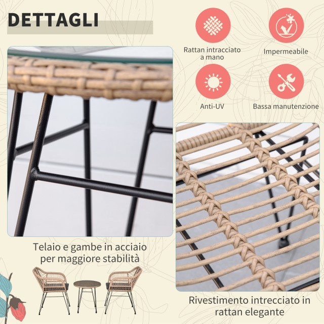 Σετ έπιπλα κήπου Outsunny σε PE Rattan, 2 καρέκλες με μαξιλάρια και τραπεζάκι σαλονιού με γυάλινη κορυφή, γκρι 863-096