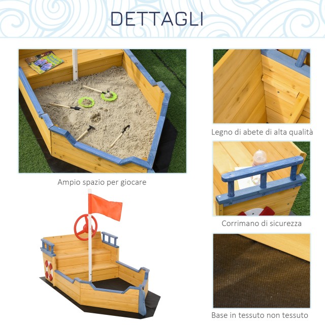 Outsunny Pirate Ship Ξύλινο Sandpit για Παιδιά με Αποθηκευτικό χώρο, 158x78x45,5cm 343-022V01