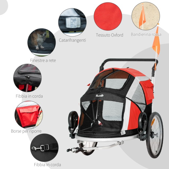 PawHut Dog Bike Trailer για σκύλους κάτω των 30 κιλών με 2 εισόδους, δίχτυα παράθυρα και ανοιγόμενη οροφή, 150x82x98-108cm D00-142RD