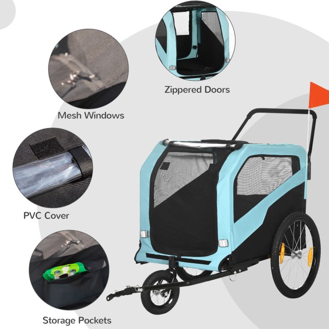PawHut Bike Trailer για σκύλους 30kg max με 2 εισόδους και τσέπες αποθήκευσης, σε ατσάλι και ύφασμα Oxford, μπλε D00-168V00LB