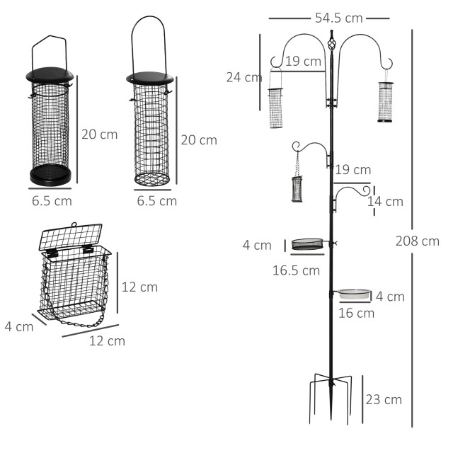 PawHut Bird Feeder με 4 γάντζους με δίσκους και 3 διαφορετικούς τροφοδότες σε ατσάλι 54,5x54,5x208cm Μαύρο D11-007