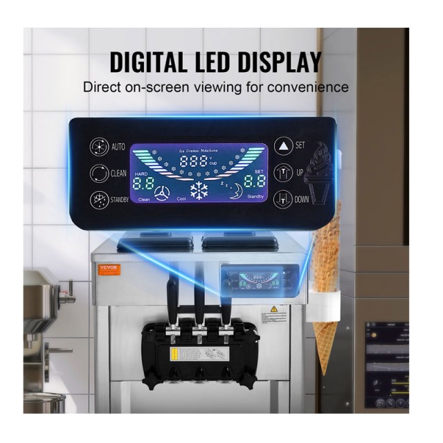 Παγωτομηχανή Soft Παγωτού με LED Οθόνη 3 Γεύσεων 18-28 Lt/H 540 x 775 x 800 mm VEVOR TMSRBQLJSKWAJDTR0V2