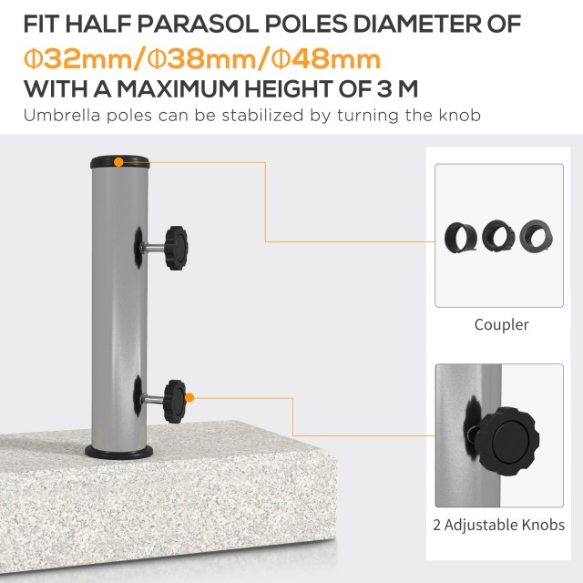 Βάση ομπρέλας κήπου Outsunny 25kg για πόλους Ø32mm, Ø38mm και Ø48mm, από γρανίτη και ανοξείδωτο χάλυβα, 45x22,5x40 cm, γκρι 84D-293V00GY