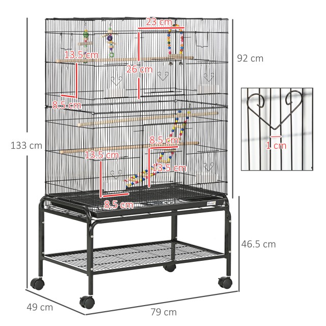 PawHut Steel Bird Cage with Perches, Toys, Food Contains and Tray, 79x49x133 cm, Μαύρο D10-090V00BK