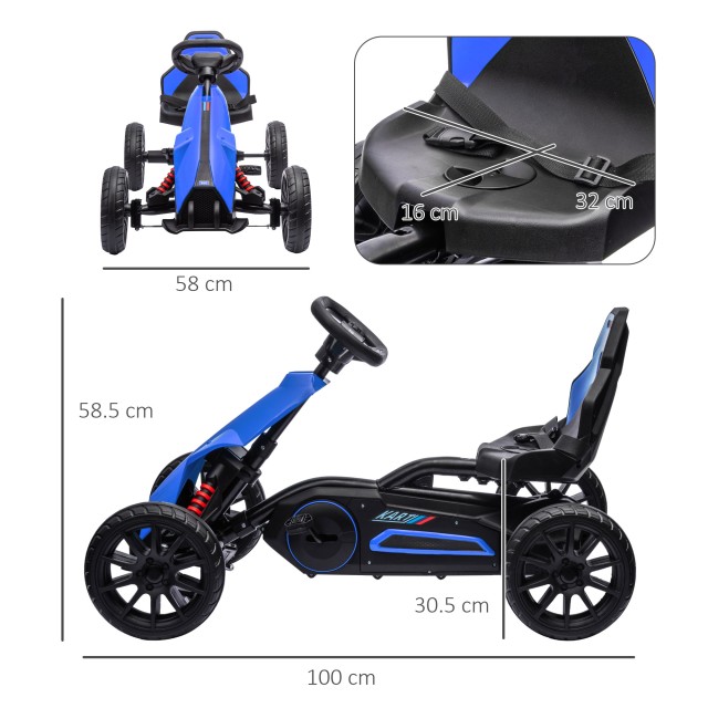 HOMCOM Pedal Go Kart για παιδιά 3-8 ετών με ρυθμιζόμενο κάθισμα και τροχούς EVA, 100x58x58,5 cm, μπλε 370-286V00BU