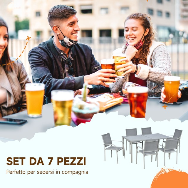 Σετ κήπου Outsunny με Τραπέζι από σκληρυμένο γυαλί και 6 καρέκλες με διχτυωτό ύφασμα, γκρι 84G-039V00GY