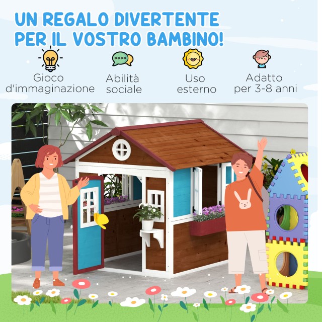 Outsunny Playhouse για παιδιά 3-8 ετών με επικλινή στέγη, γλάστρες και ζαρντινιέρες, σε ξύλο ελάτης, 114x126,4x135 cm 345-027V00DR
