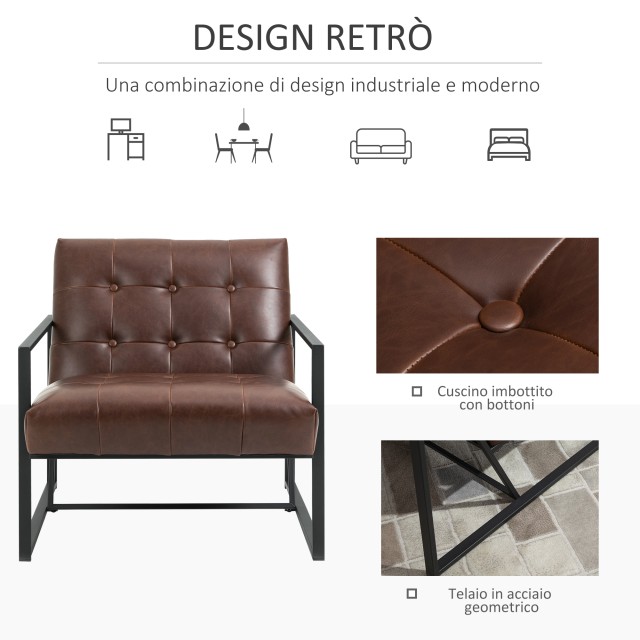 Πολυθρόνα HOMCOM Industrial Style με κουμπιά σε μεταλλικό και καφέ PU 833-904