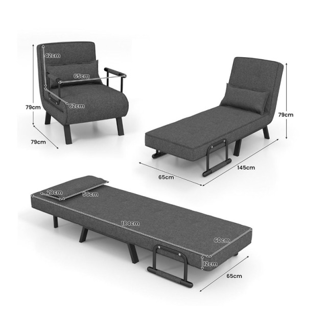 Πολυθρόνα - Κρεβάτι με Μαξιλάρι 65 x 79 x 79 cm Costway HV10417GR