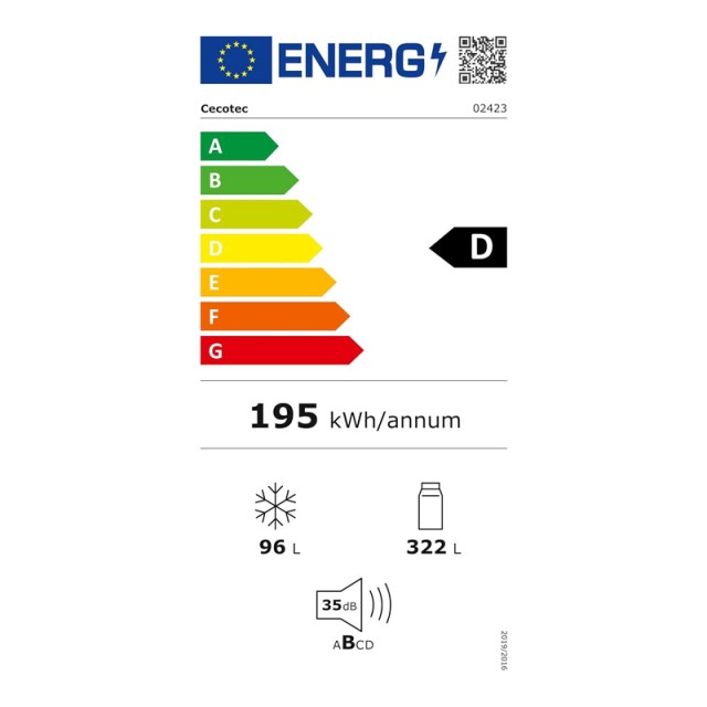 Ψυγείο Total NoFrost 322 Lt 59.5 x 63.5 x 185.5 cm Cecotec Bolero CoolMarket Combi 322 Inox D CEC-02423