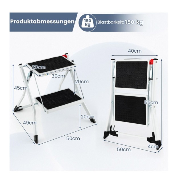 Πτυσσόμενη Σκάλα με 2 Σκαλοπάτια 50 x 49 x 45 cm Costway TJ10004WH