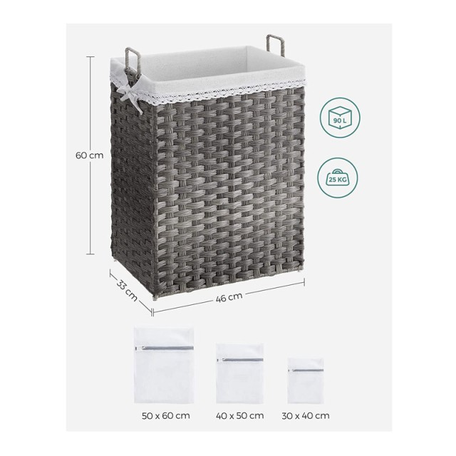Πτυσσόμενο Καλάθι Απλύτων από Ρατάν 90 Lt 46 x 33 x 60 cm Χρώματος Γκρι Songmics LCB390G01
