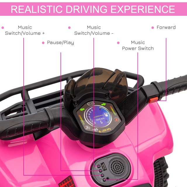 HOMCOM Electric Quad για παιδιά 18-36 μηνών με επαναφορτιζόμενη μπαταρία 6V, σε μέταλλο και PP, 70x42x45 cm, Ροζ 370-189V90PK