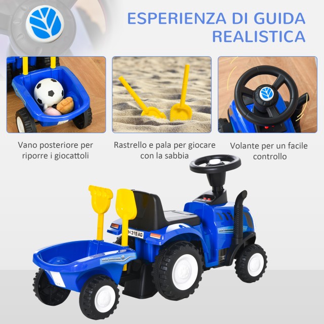 Παιδικό τρακτέρ HOMCOM Ride-on με τρέιλερ, τσουγκράνα και φτυάρι 12-36 μηνών - Μπλε 370-173BU
