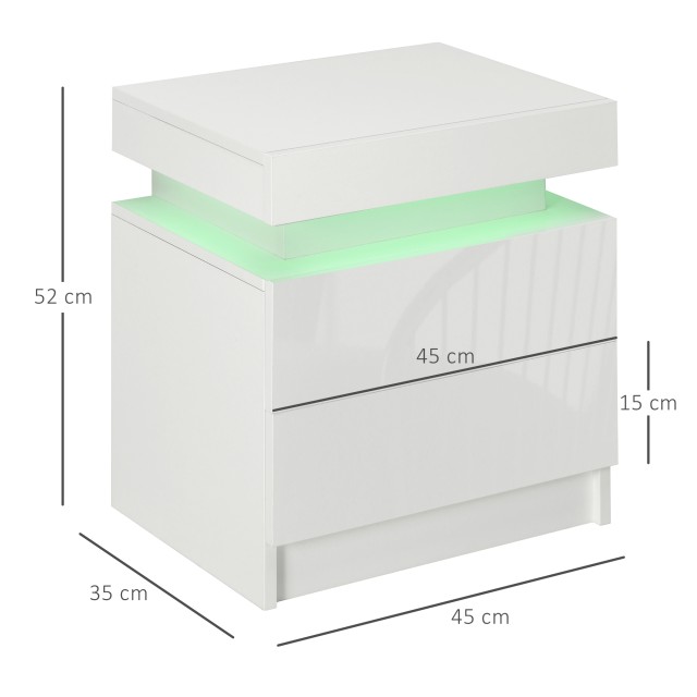Κομοδίνο HOMCOM με φως RGB LED και 2 συρτάρια, 4 λειτουργίες φωτισμού και 16 χρώματα, 45x35x52cm, Λευκό 831-651V90WT