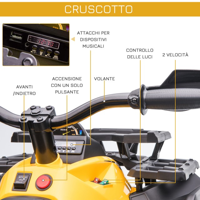 HOMCOM 12V Electric Kids Quad με λειτουργικούς προβολείς και πεντάλ, επαναφορτιζόμενη μπαταρία, κ.λπ. 3-5 ετών, 100x65x73cm - Μαύρο / Κίτρινο 370-170V90YL