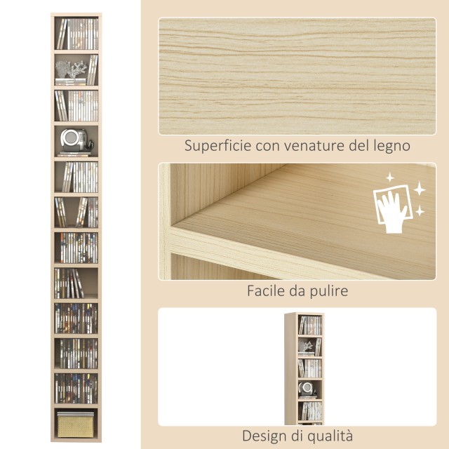 Ντουλάπι για CD HOMCOM με 12 ράφια για 204 CD, σε MDF και μοριοσανίδα, 21x20x175 cm, χρώμα ξύλου 833-135