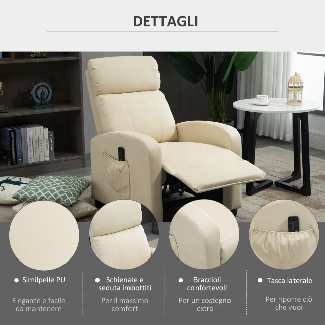 Πολυθρόνα μασάζ HOMCOM Relax με 8 λειτουργίες e 5 Intensit ?, Ανακλινόμενη πολυθρόνα με υποπόδιο και τηλεχειριστήριο, PU Leatherette - Cream 700-143V90WT
