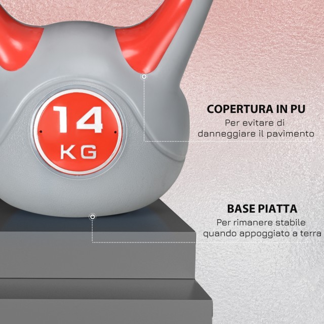 SPORTNOW Kettlebell 14kg σε PU και Sand με επίπεδη βάση και λαβή για Deadlifts, Squats και Lifts, 26x18x32 cm, Κόκκινο A91-255V06RD