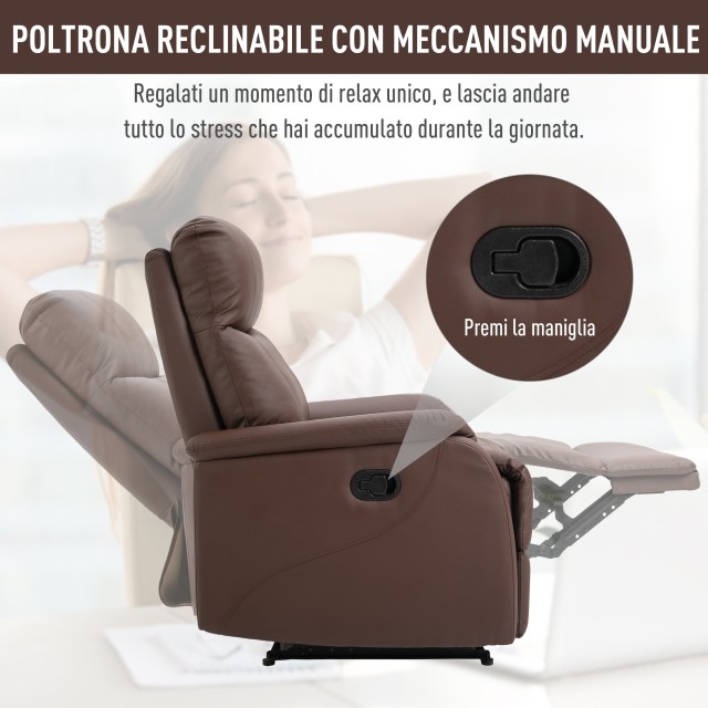 Homcom Manual Relax Πολυθρόνα με ανακλινόμενη πλάτη και υποπόδιο σε καφέ δερματίνη 833-840