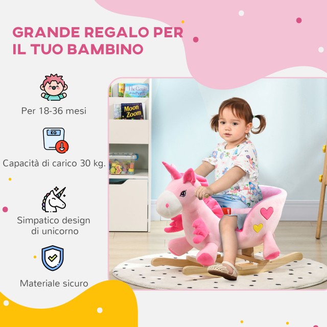 HOMCOM Unicorn Rocking Horse με 32 τραγούδια, ξύλινη βάση και ζώνη ...