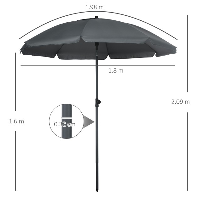 Outsunny Beach Parasol από πολυεστέρα και ατσάλι με ανακλινόμενο κουβούκλιο 45°, Ø180x209 cm, Γκρι 84D-221V00CG